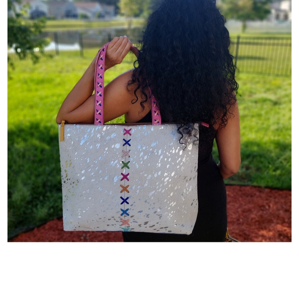 Stylish Silver Tote Bag with Pink Accents